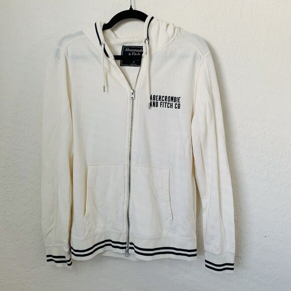 Abercrombie Fitch Jacket Women S Ivory Waffle Knit Hood Embroidered Spellout Y2K - Picture 1 of 8